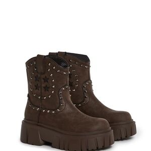 Studded Brown Ankle Boots TOWN AIN'T BIG ENOUGH COWBOY BOOTS - BROWN